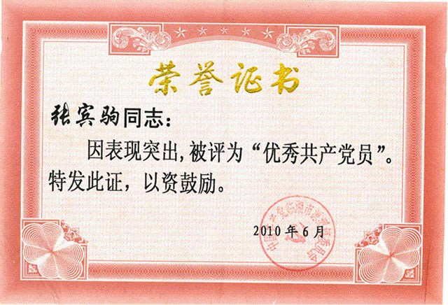 优秀共产党员荣誉证书